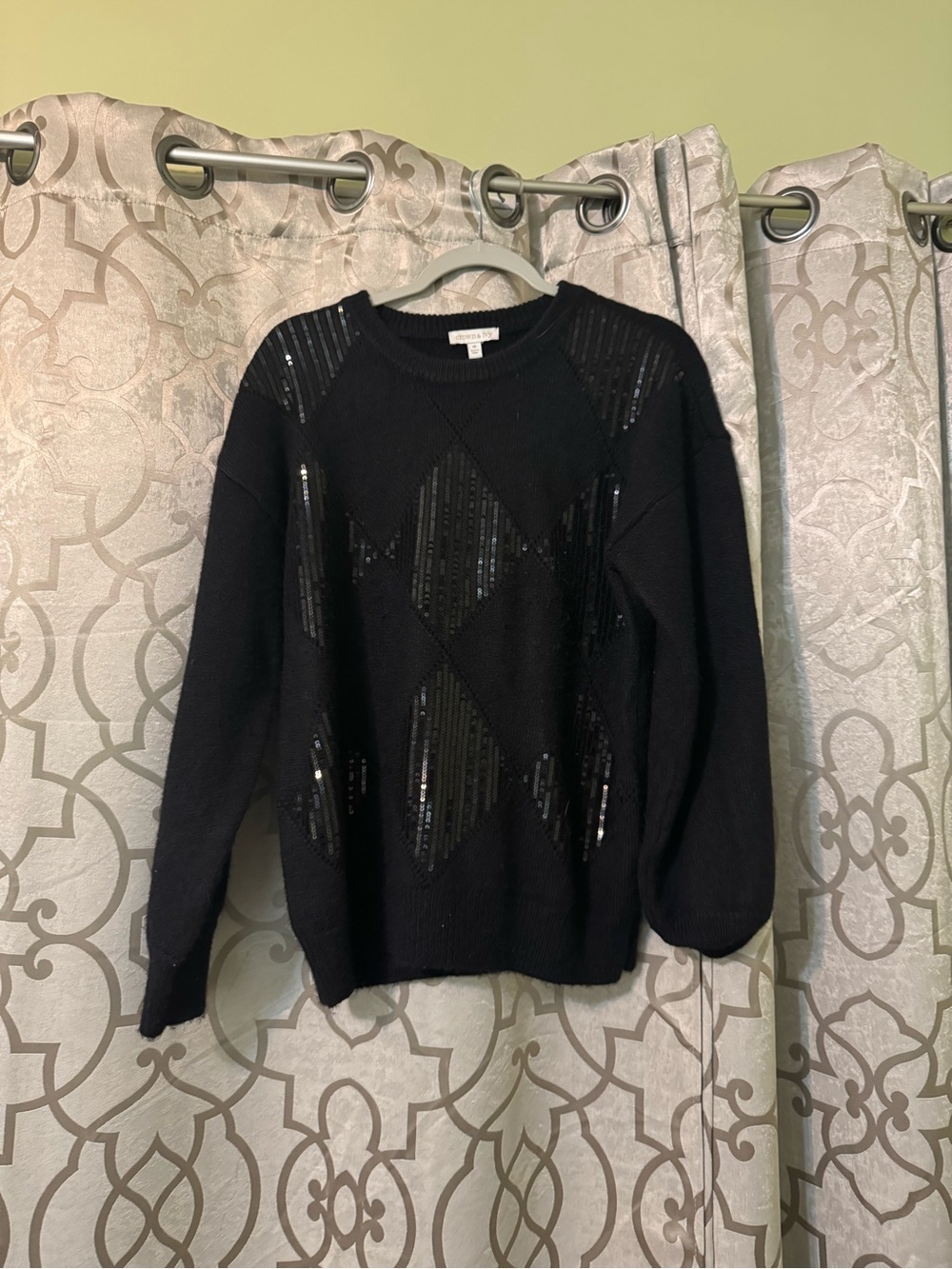 crown & ivy Black Crewneck Sweater with Sequin Diamond Panels